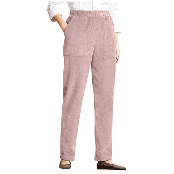 Qcmgmg Corduroy Pants for Women Elastic High Waisted Fashion Wide Leg Pants Slacks Pull on Petite Lounge Pants Women Pajama Casual Stretch Fall Trousers Women with Pockets Pink XL