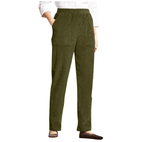Qcmgmg Corduroy Pants Womens Plus High Waisted Elastic Casual Wide Leg Pants Women Pull on Slacks Fashion Lounge Pants for Women Pajama Stretch Petite Fall Women's Trousers with Pockets Green XL