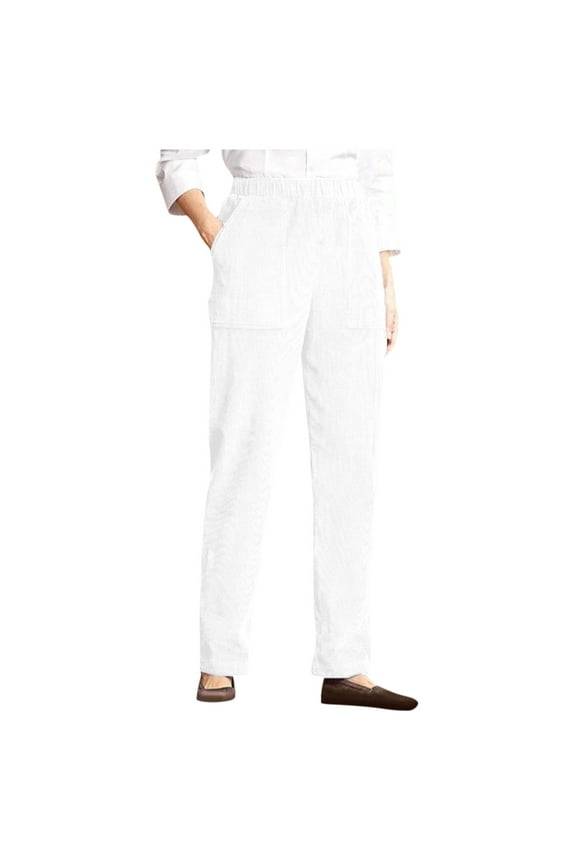 Corduroy Pants Womens Plus High Waisted Elastic Pajama Wide Leg Pants for Women Pull on Slacks Fall Lounge Pants for Women Stretch Petite Casual Winter Women's Trousers with Pockets White XL