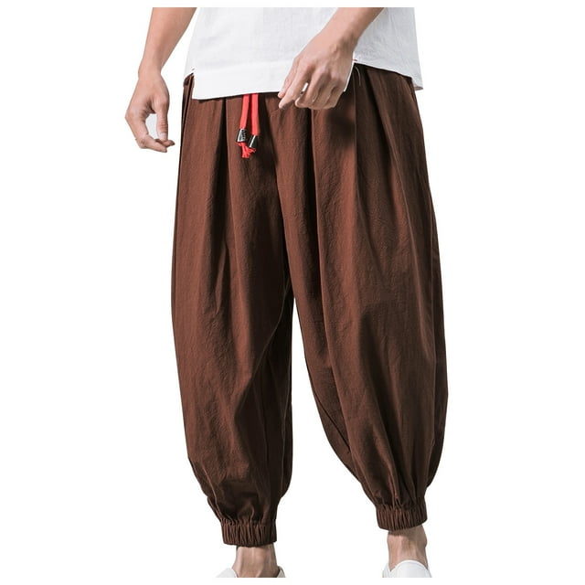 Qcmgmg Cotton Linen Pants for Men Wide Leg Mid Waist Drop Crotch Baggy ...