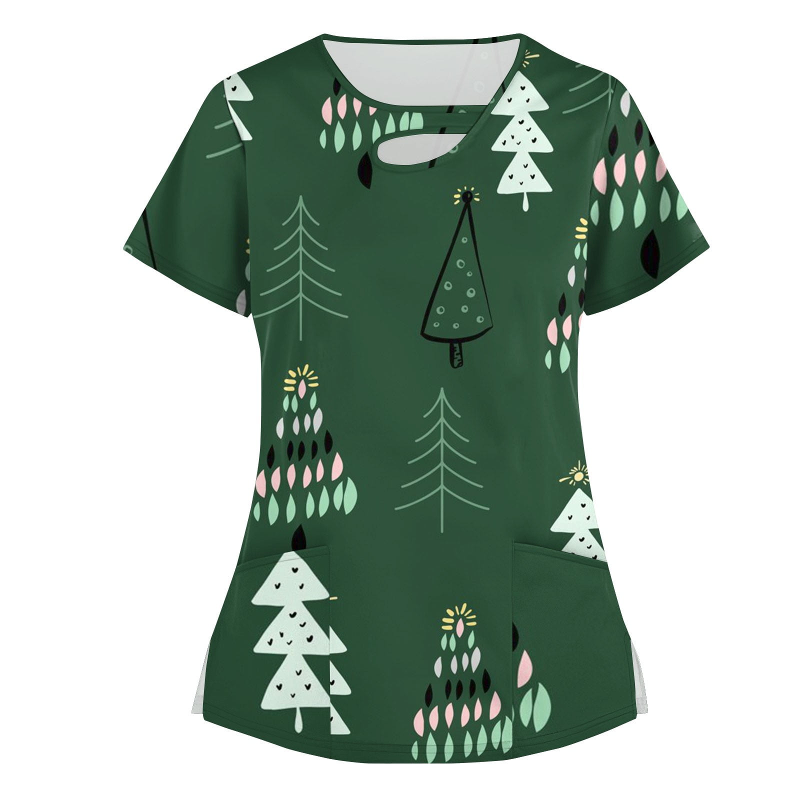 Qcmgmg Crew Neck Stretch Christmas Short Sleeve Scrubs Nurse Plus Size