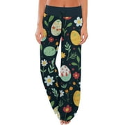 Qcmgmg Easter Pajama Pants for Women Egg High Waisted Bunny Wide-Leg Lounge Pants Rabbit Y2k 2024 Palazzo Pants Dark Blue XL