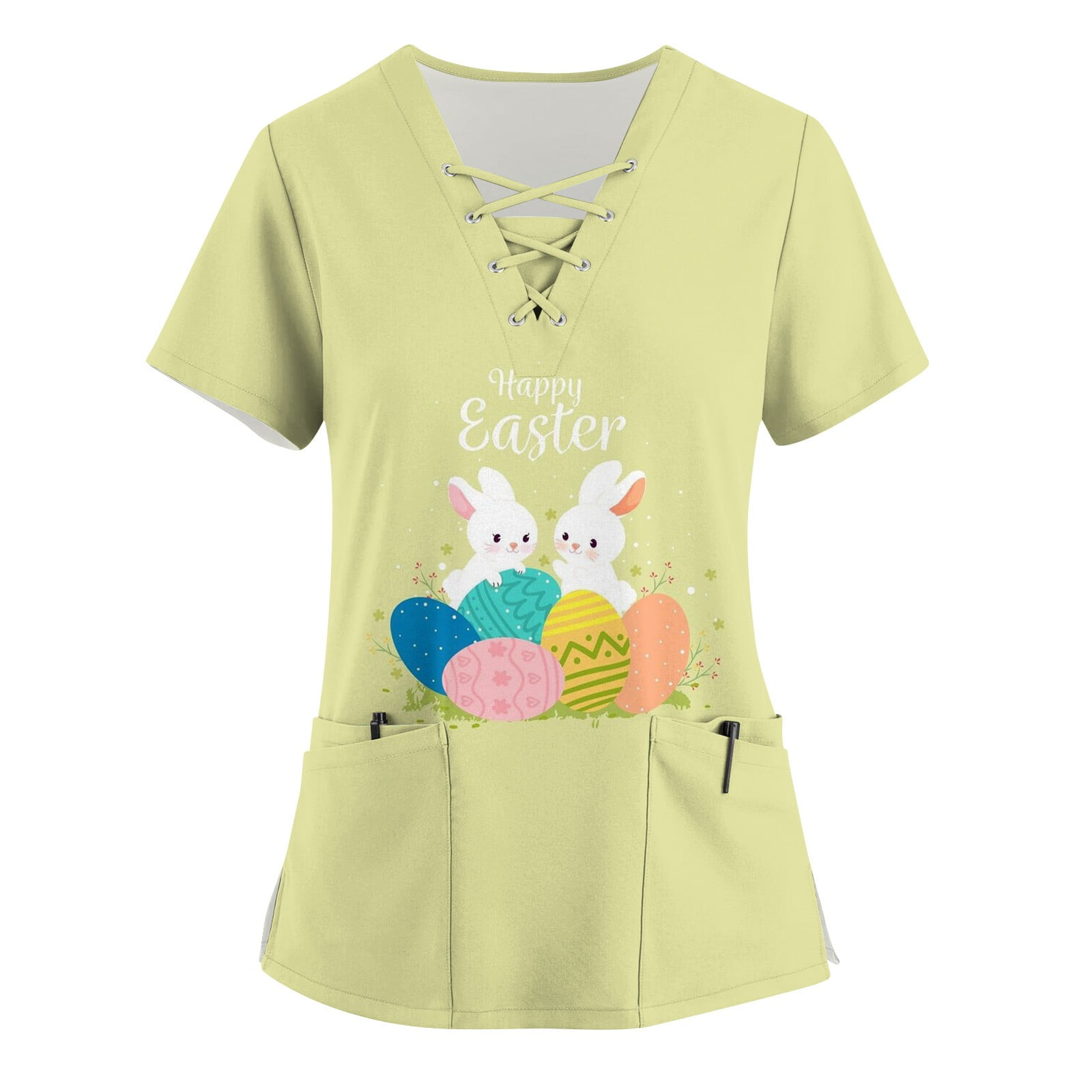 Qcmgmg Easter Scrub Tops for Women Rabbit Uniforms V Neck Bunny Nursing