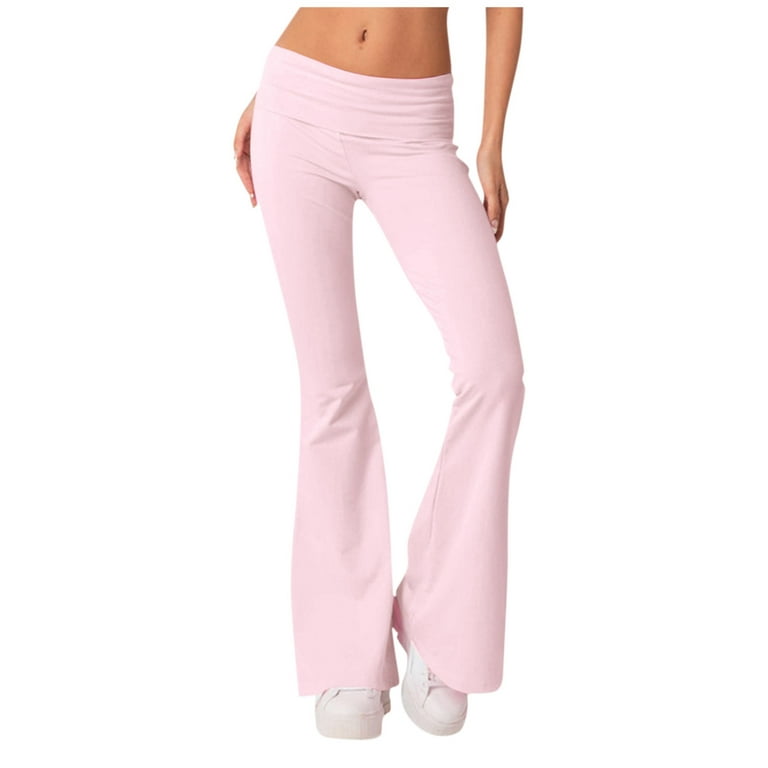 Qcmgmg Flare Bootcut Yoga Pants Stretch Fold Over Slim Fit Pants Y2k Casual  Wide Leg Bell Bottoms Low Rise Womens Lounge Pants Light pink XL