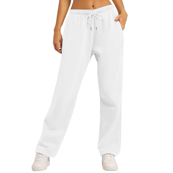 Qcmgmg Fleece Lined Sweatpants Fashion Yoga Baggy Pants Teens Wide Straight Leg Lounge Petite Womens Jogger High Waisted Fall Cargo Sweat Pants for Womens with Pockets White L