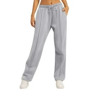 QCMGMG Fleece Sweatpants Women Wide Straight Leg Athletic Fall Baggy Pants for Women Petite Casual Jogger Pants High Waisted Fashion Cargo Sweat Pants for Womens with Pockets Light Gray M