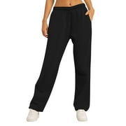 Qcmgmg Fleece Sweatpants Women Wide Straight Leg Petite Lounge Baggy Pants for Women Casual Yoga Womens Joggers Sweatpants High Waisted Comfy Fall Sweat Pants Women with Pockets Black M