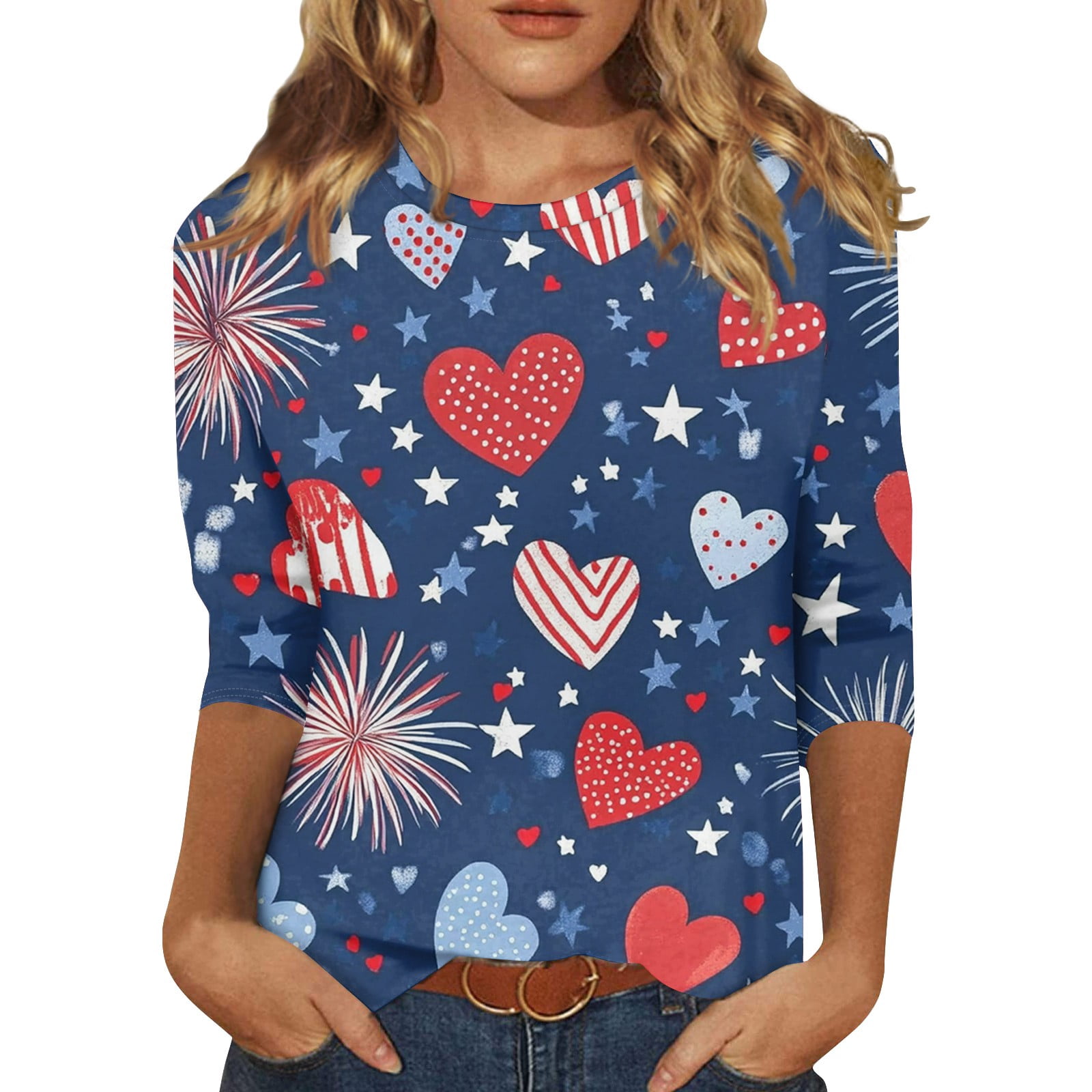 Qcmgmg Fourth Of July Top Women 3/4 Sleeve USA Flag Patriotic Tops Crew ...
