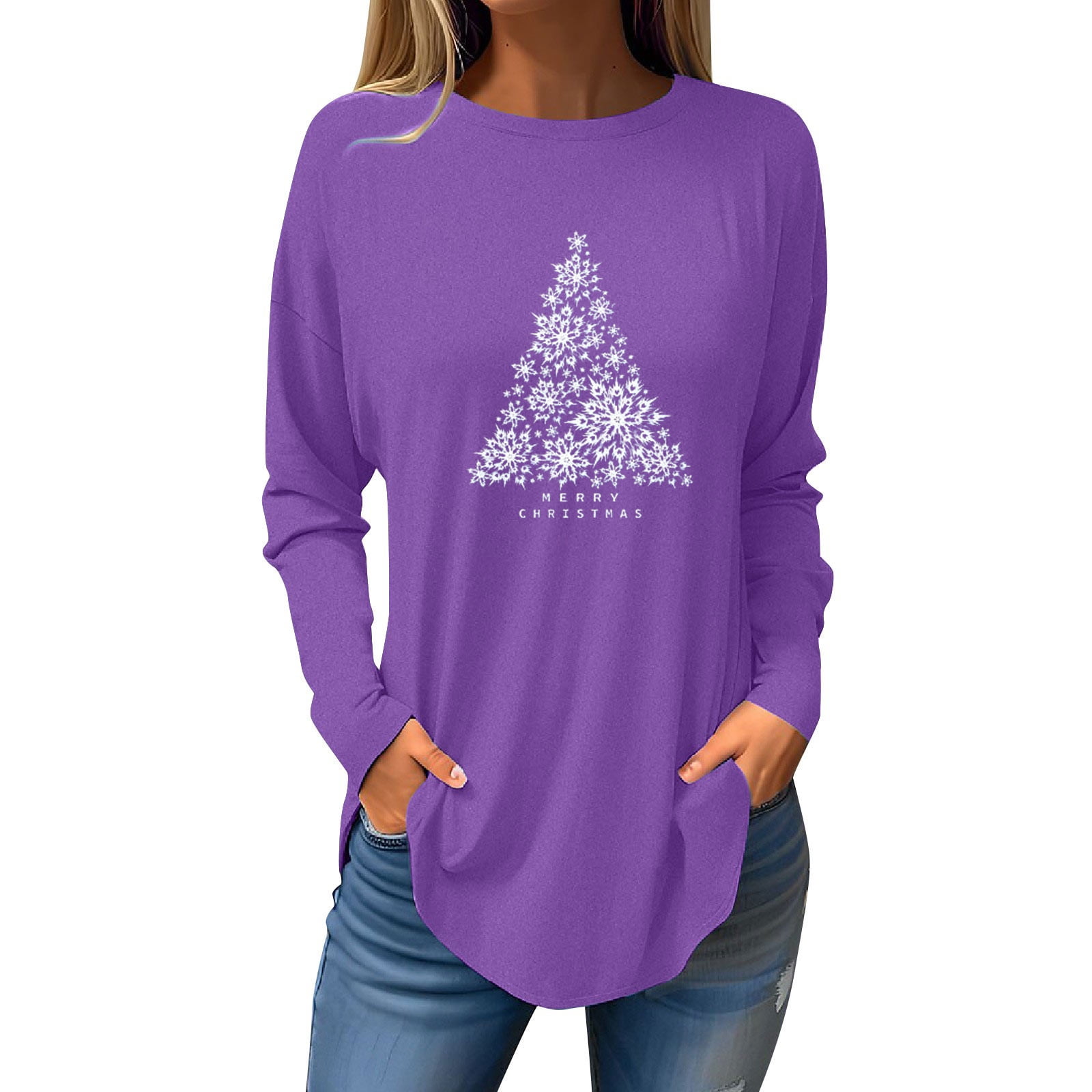 Qcmgmg Funny Christmas Shirts Women Fashion Christmas Tree Dressy Tops 2023 Crew Neck Western