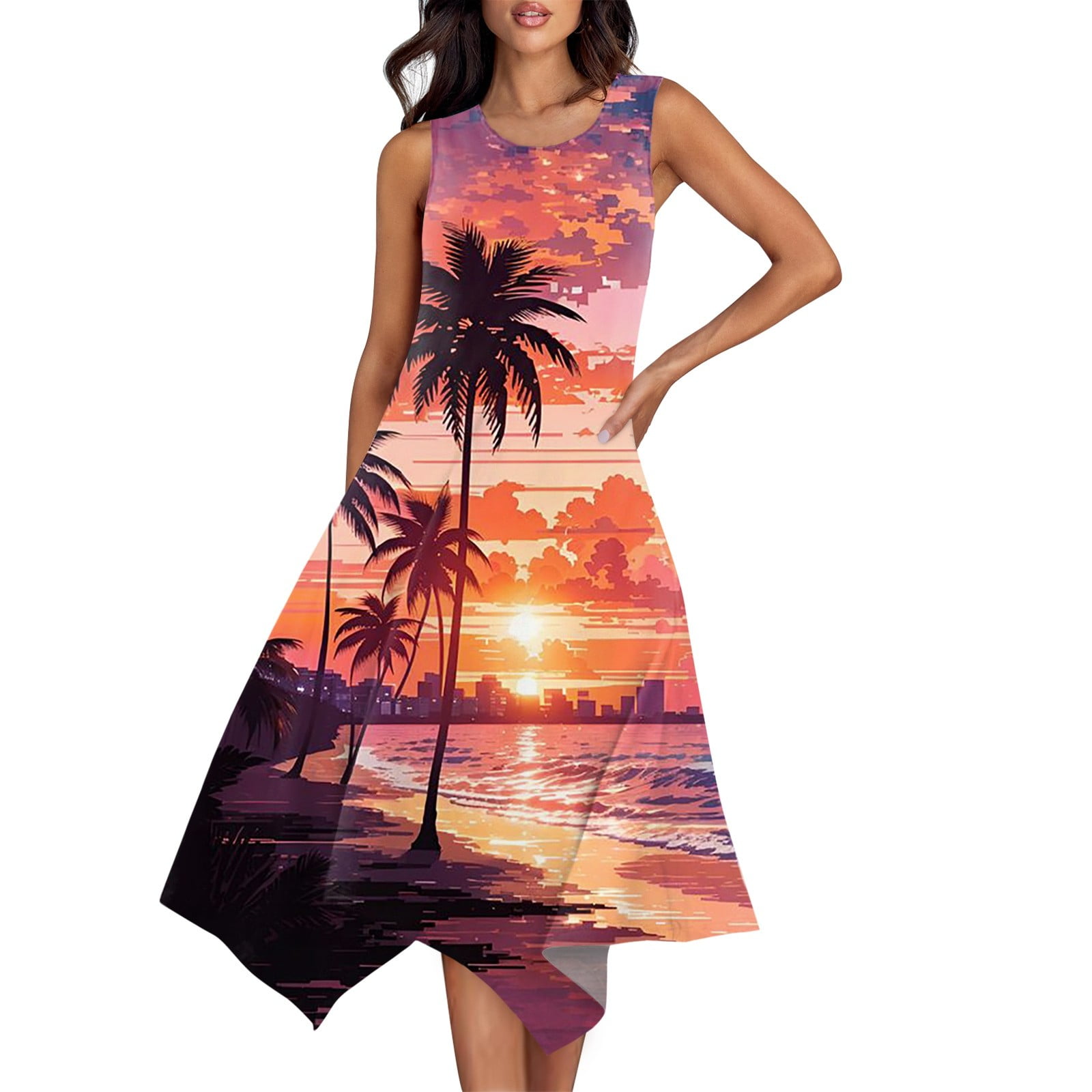 Qcmgmg Hawaiian Dress for Women Crew Neck Beach Tropical Summer Maxi