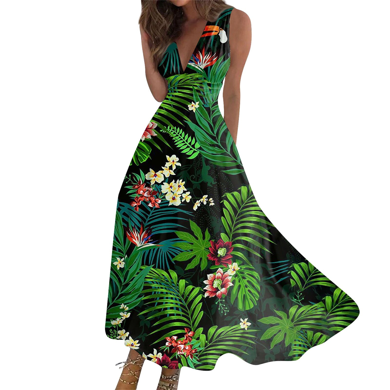Qcmgmg Hawaiian Dress for Women Tropical Casual V Neck Beach