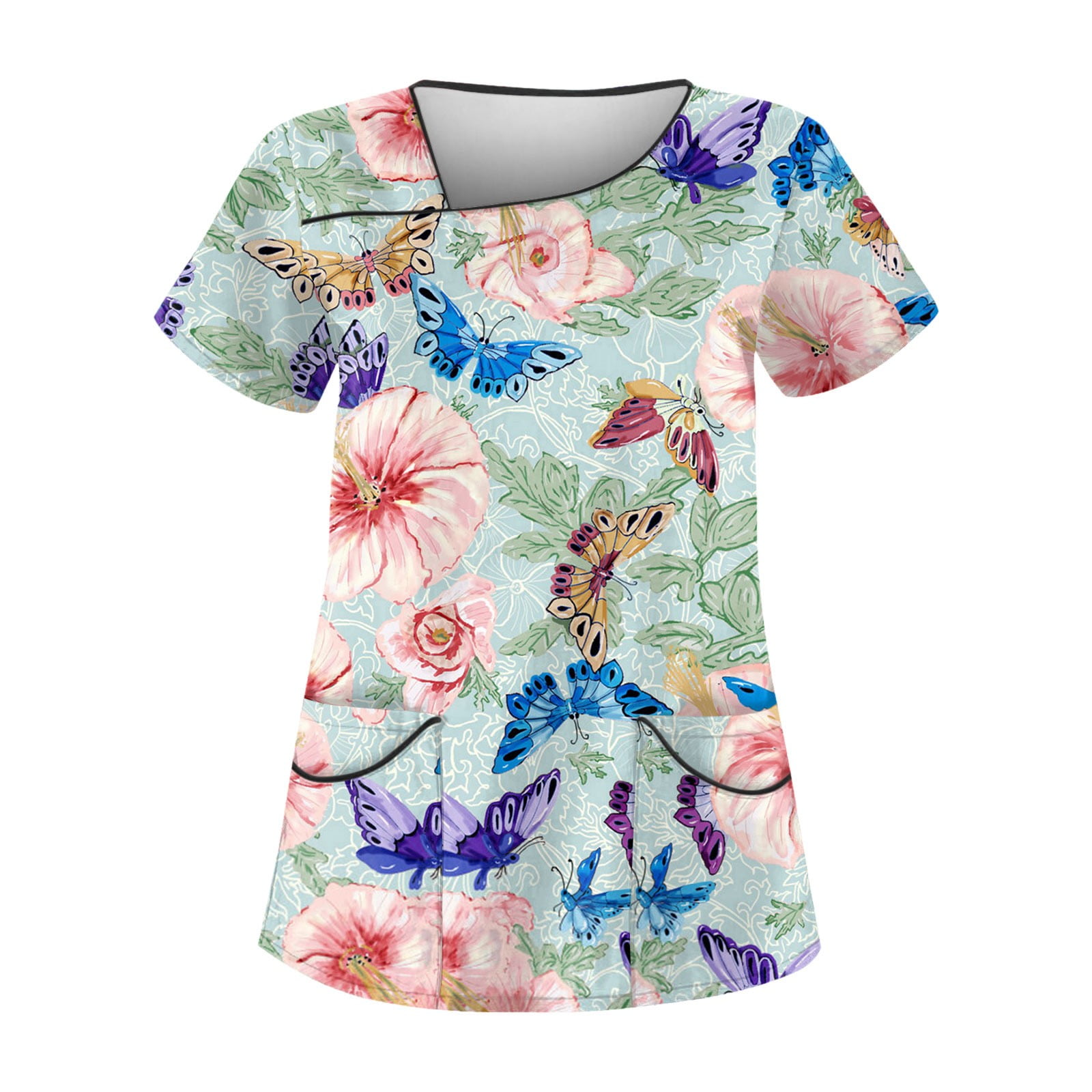 Qcmgmg Hawaiian Scrub Tops for Women Tropical Workwear V Neck Medical