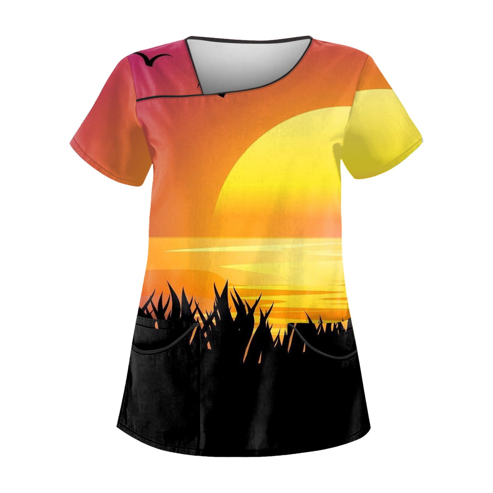Qcmgmg Hawaiian Scrub Tops for Women Short Sleeve Medical V Neck