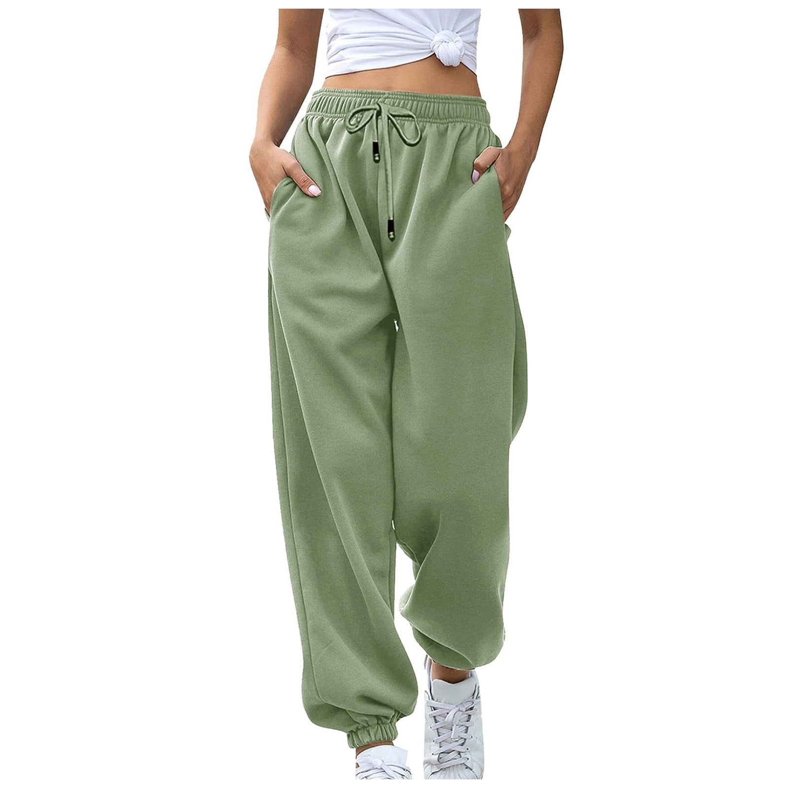 Qcmgmg Athletic Works Sweatpants Women High Waisted Casual Wide Leg Sweat  Pants for Women Drawstring Cinch Bottom Fashion Baggy Pants Fall Gym Trendy  Womens Joggers with Pockets Dark Green L 