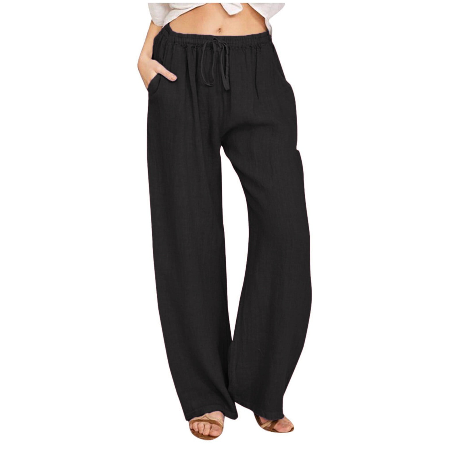 Qcmgmg Linen Pants for Women with Pockets Wide Leg Linen Pants Casual High Waisted Lounge Pants