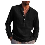 Mens V Neck Cotton Linen Henley Shirts Long Sleeve Banded Collar T ...