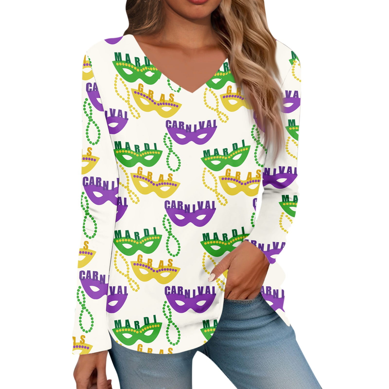 Qcmgmg Mardi Gras Shirts for Women Plus Mardi Gras Long Sleeve Carnival