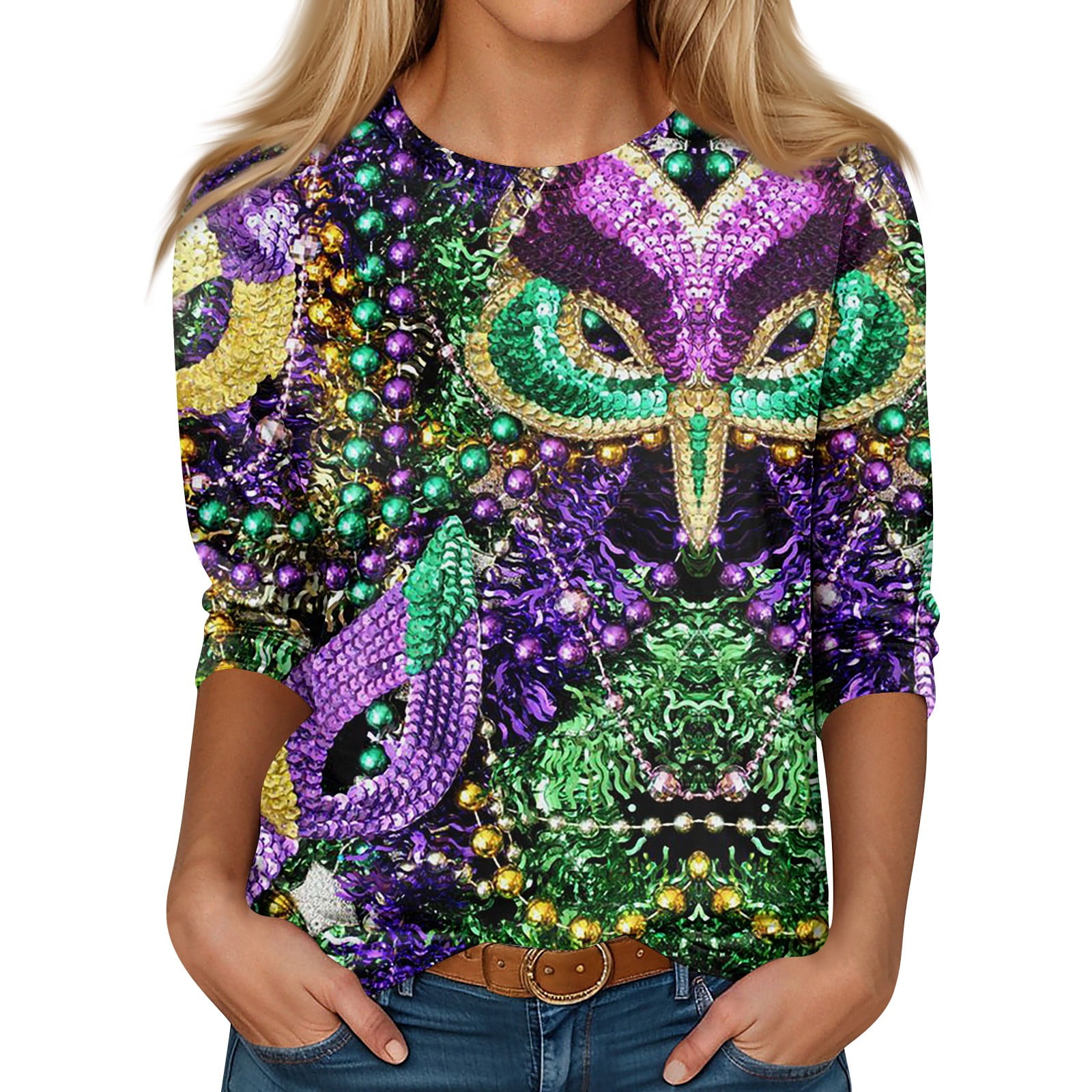 Qcmgmg Mardi Gras Shirts for Women Sexy Carnival Themed Graphic Womens