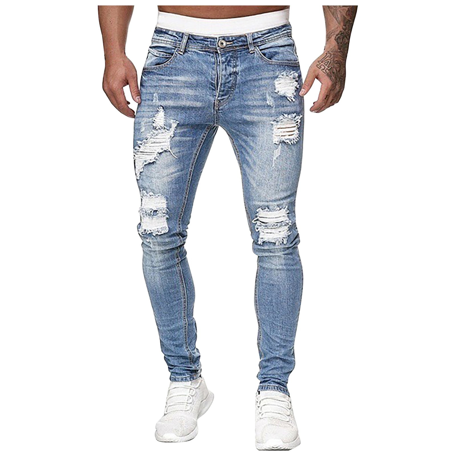 Qcmgmg Men's Slim Fit Jeans Stretch Destroyed Ripped Skinny Jeans Side ...