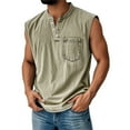 thumbnail image 1 of Qcmgmg Mens Muscle Shirt Vintage Sleeveless Henley Shirts for Men Distressed Button V Neck Men Shirt with Chest Pocket Khaki 2XL, 1 of 4