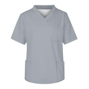Qcmgmg Mens Scrub Top Solid Color Summer Nursing Uniforms Casual Short Sleeve Workwear 2024 V Neck Scrub Shirts Gray M