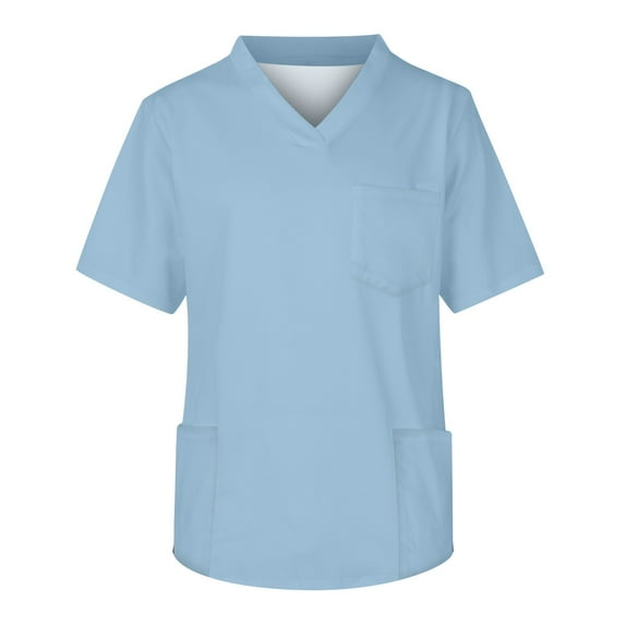 Qcmgmg Mens Scrub Top Solid Color Summer Nursing Uniforms Casual Short Sleeve Workwear 2024 V Neck Scrub Shirts Light Blue 4XL