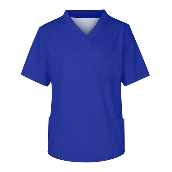 Qcmgmg Mens Scrub Top Solid Color Summer Nursing Uniforms Casual Short Sleeve Workwear 2024 V Neck Scrub Shirts Royal Blue M