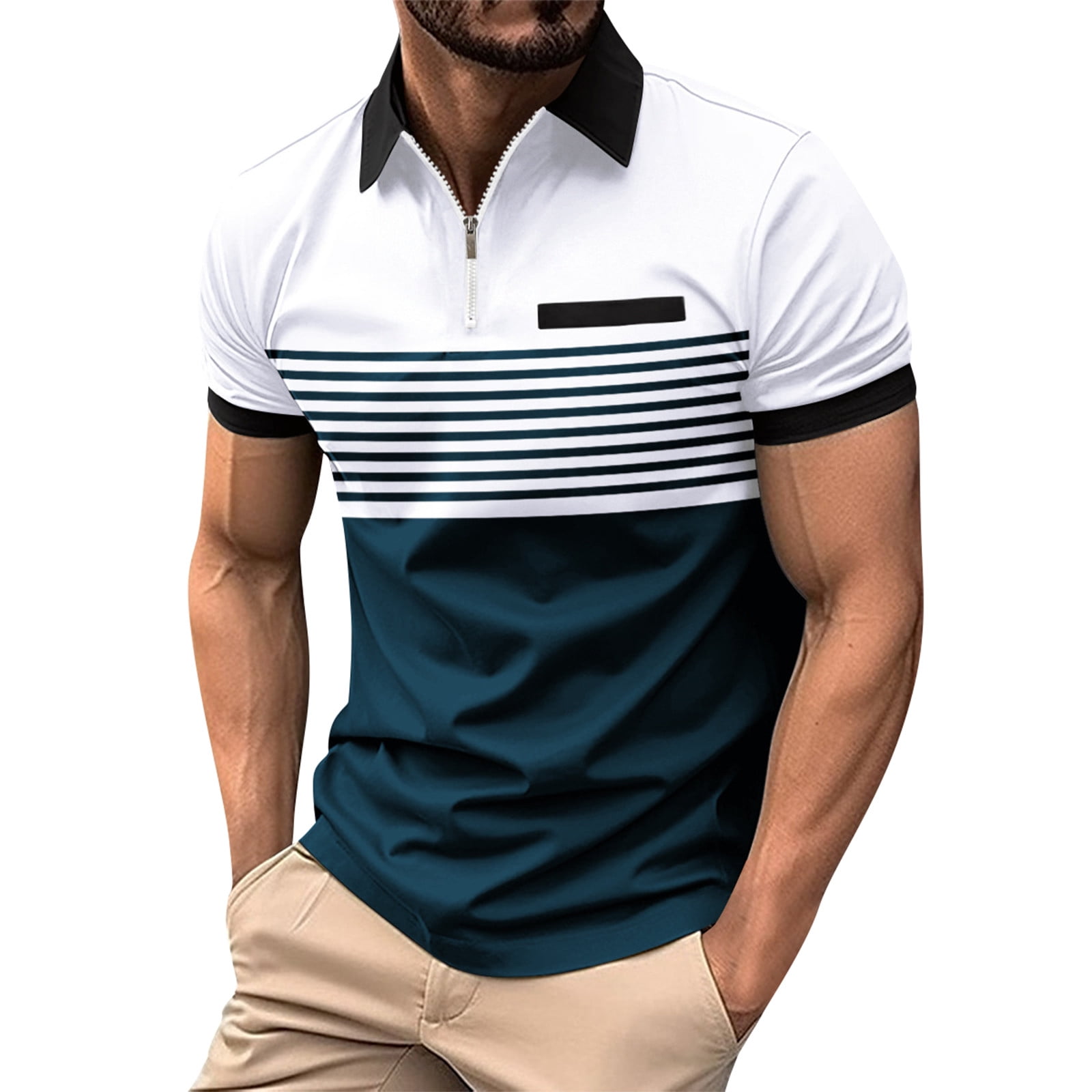 Qcmgmg Mens Zipper Polo Shirt Stretch Long Sleeve Athletic Muscle T ...