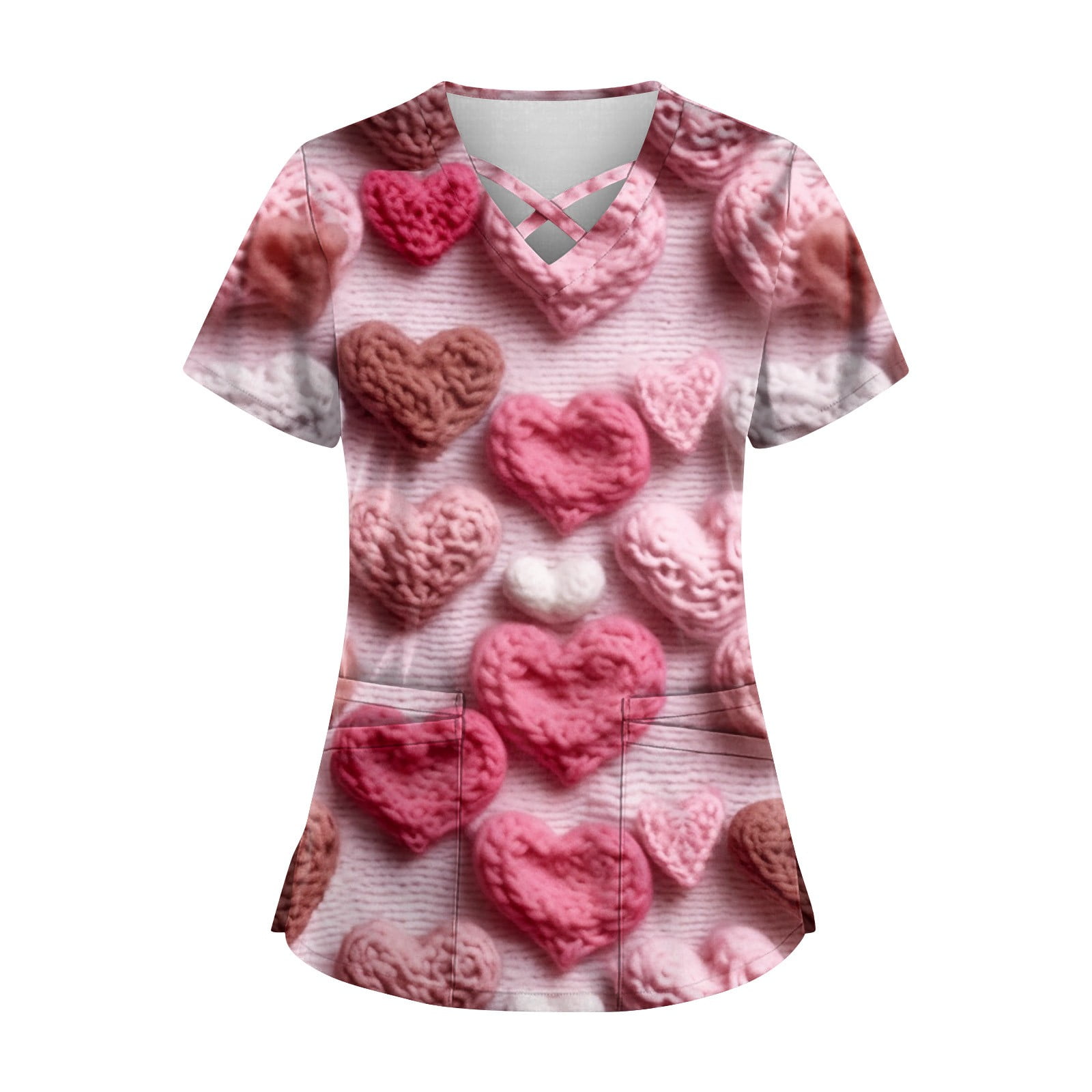 Qcmgmg Nurse Scrubs Uniform Womens Casual Short Sleeve Love Heart Print