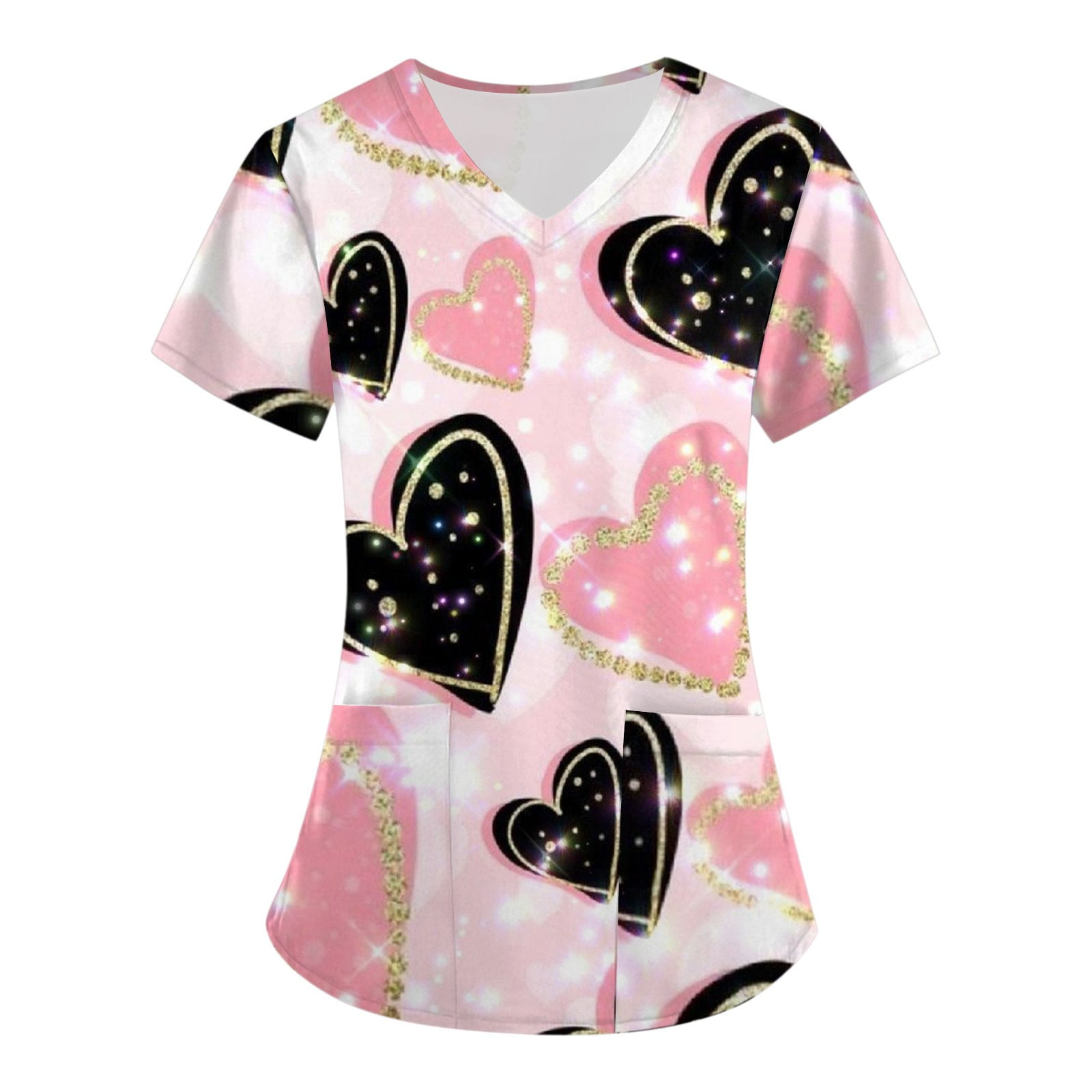 Qcmgmg Nursing Scrubs Casual V Neck Love Heart Print Scrub Tops