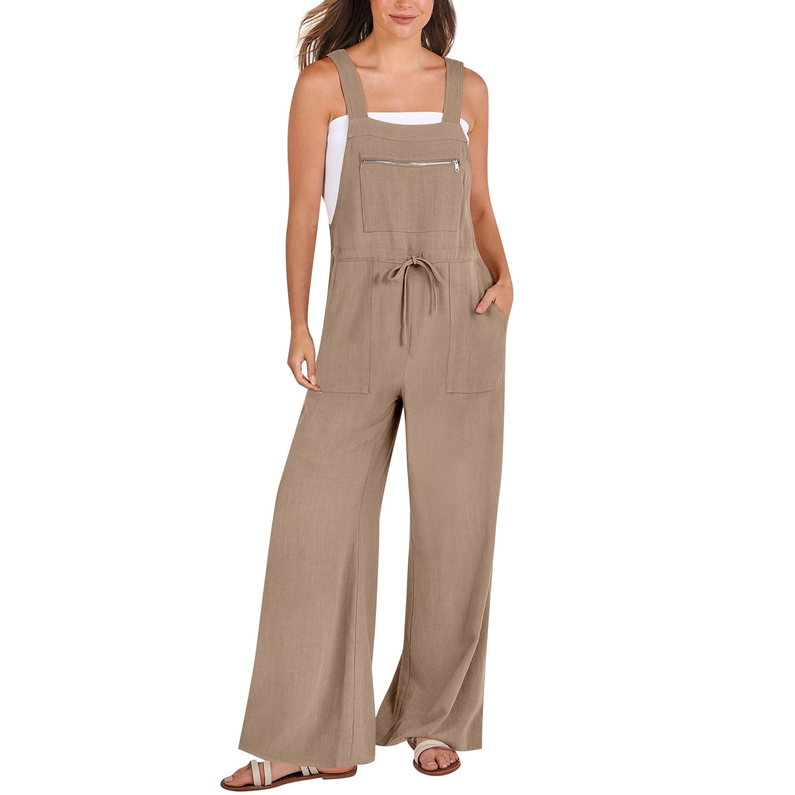 Qcmgmg Overalls for Women Loose Fit Sleeveless Wide Leg Jumpsuits