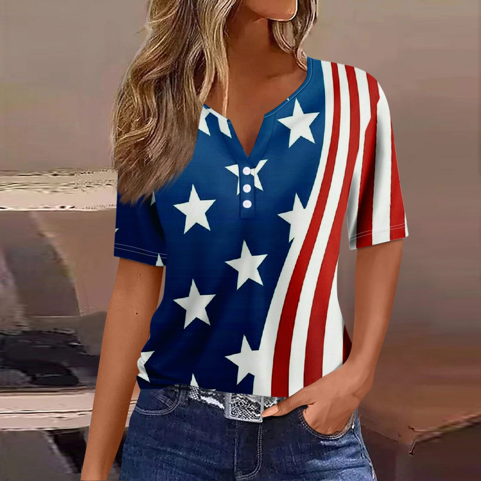 Women's American Flag Baseball Tee - 4th Of July Patriotic Shirt, Black Short Sleeve Top - View #7