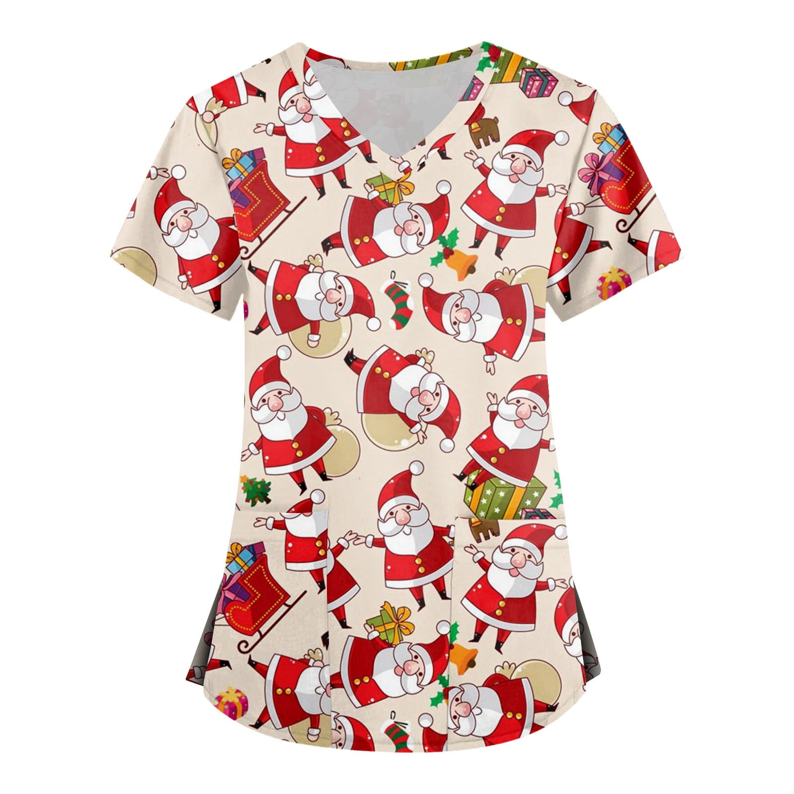 Qcmgmg Plus Size Scrubs for Women Santa Claus Short Sleeve V Neck Scrub