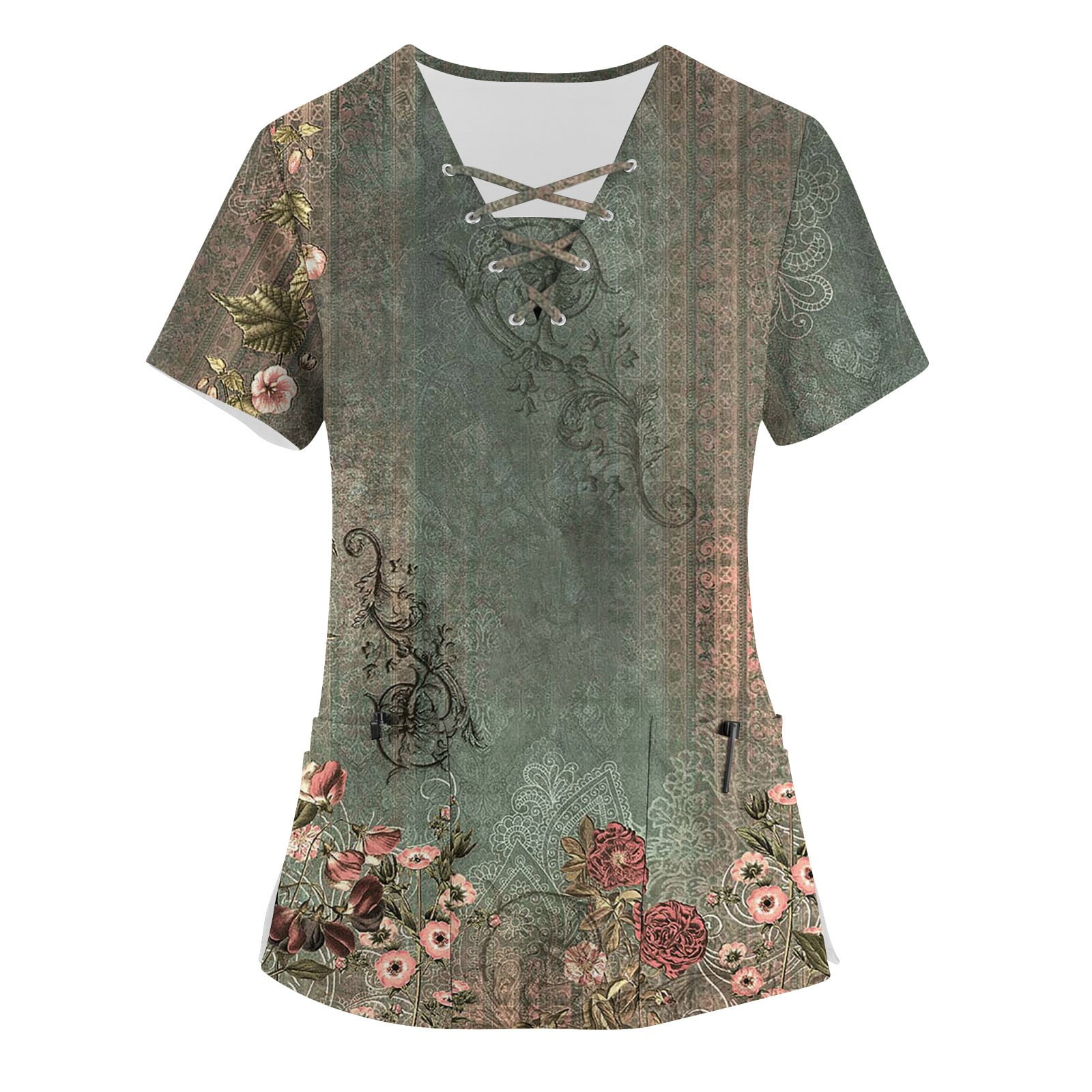 Qcmgmg Plus Size Scrubs for Women Short Sleeve Workwear Vintage Floral