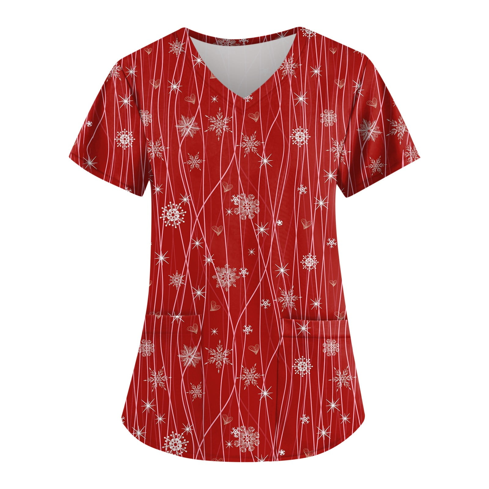 Qcmgmg Printed Scrub Tops V Neck Snowflake Short Sleeve Women's Scrubs