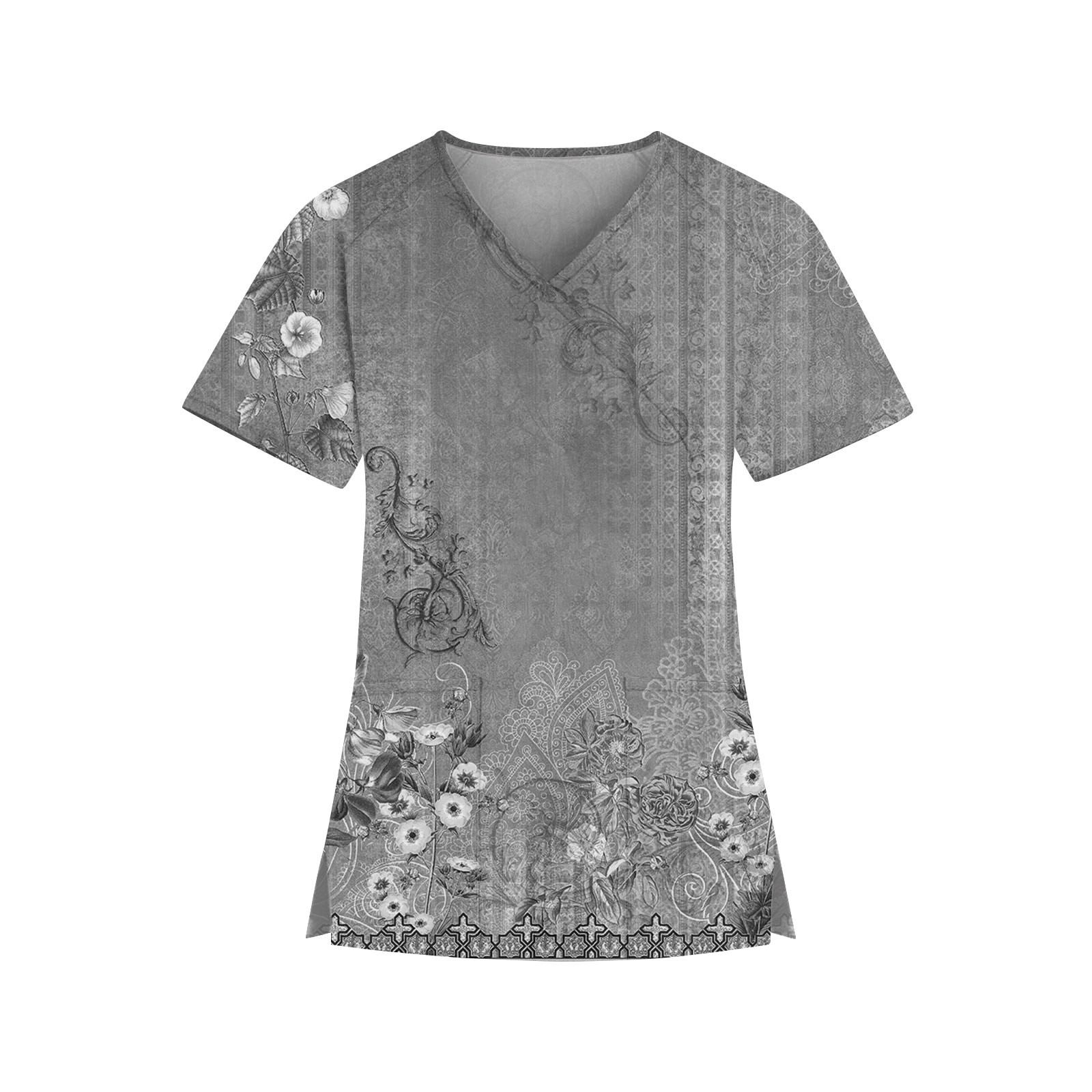 Qcmgmg Printed Scrub Tops Women Ethnic Floral V Neck Mock Wrap Plus