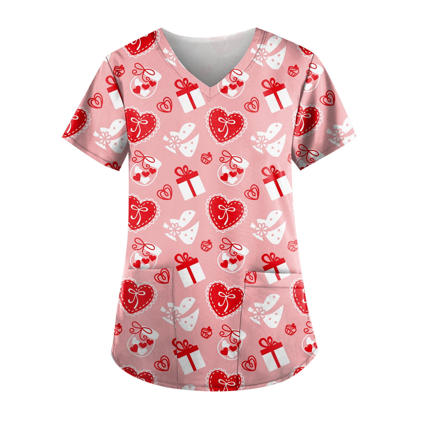 Qcmgmg Scrub Tops Women Print Short Sleeve V Neck Nursing Valentines