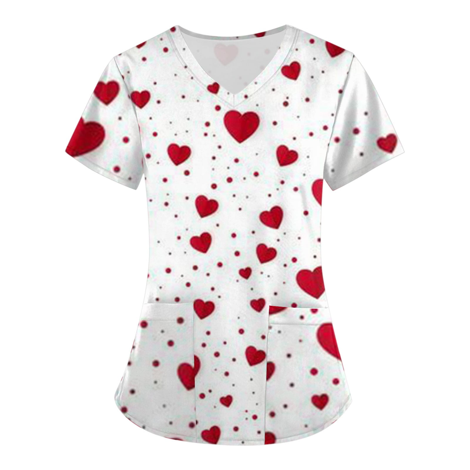 Qcmgmg Scrubs Tops for Women Short Sleeve Love Heart Print Nursing