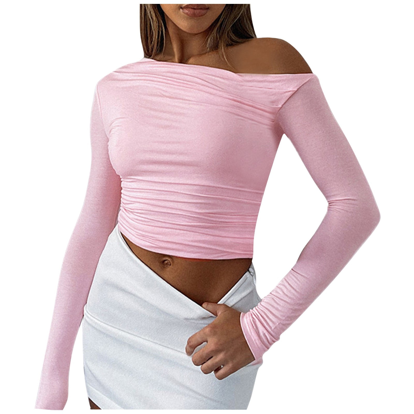 Qcmgmg Sexy Crop Top for Women Off the Shoulder Going Out Ruched Women