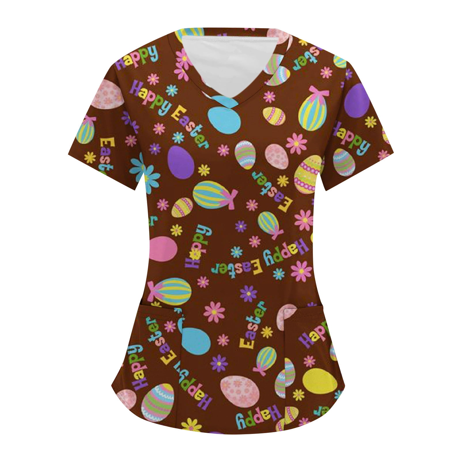 Qcmgmg Short Sleeve Nursing Easter Scrub Top for Women Bunny Medical