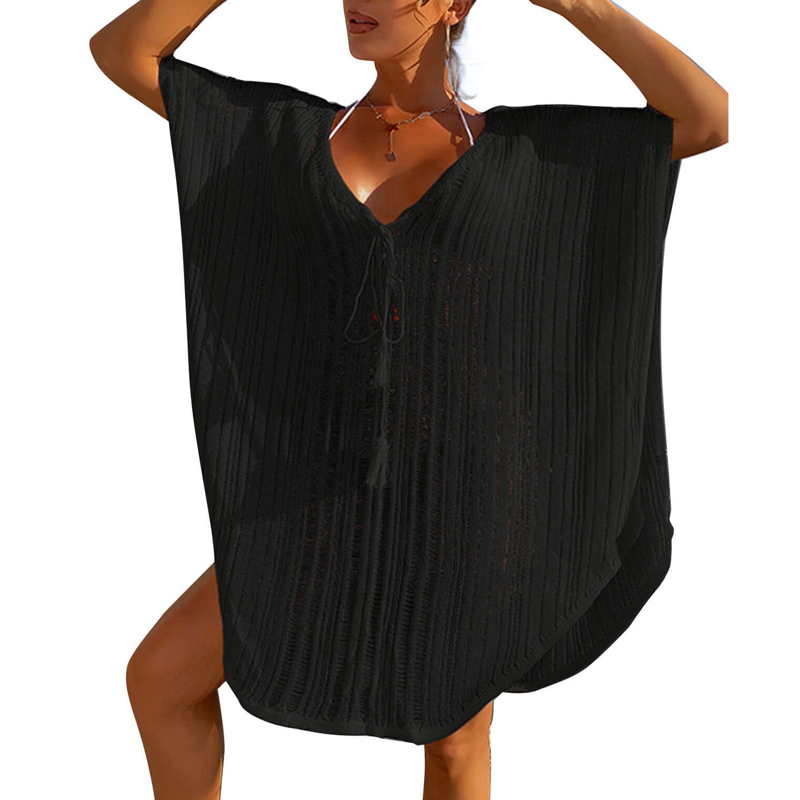 Qcmgmg Short Sleeve Solid Split Dress V Neck Beach Swimsuit for Women