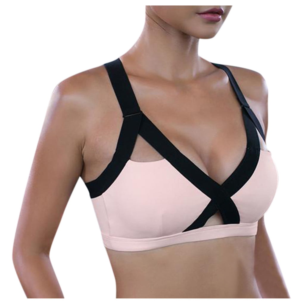 Qcmgmg Sports Bras for Women Large Bust Criss Cross Wire Free Bra for Women  Cut Out Sleep Bras for Women V Neck Tshirt Bras for Women No Underwire