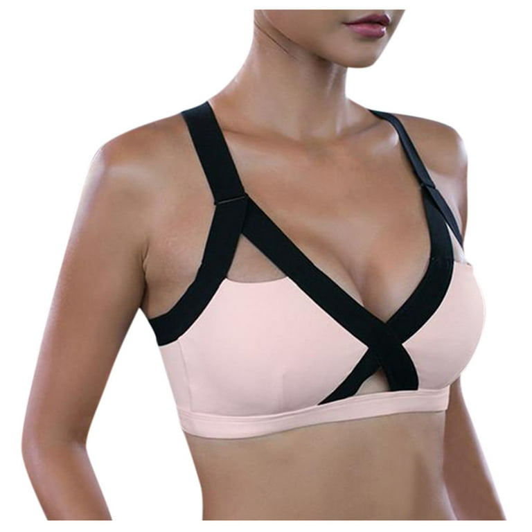 Qcmgmg Sports Bras for Women Large Bust Criss Cross Wire Free Bra for Women  Cut Out Sleep Bras for Women V Neck Tshirt Bras for Women No Underwire Pink  3XL 