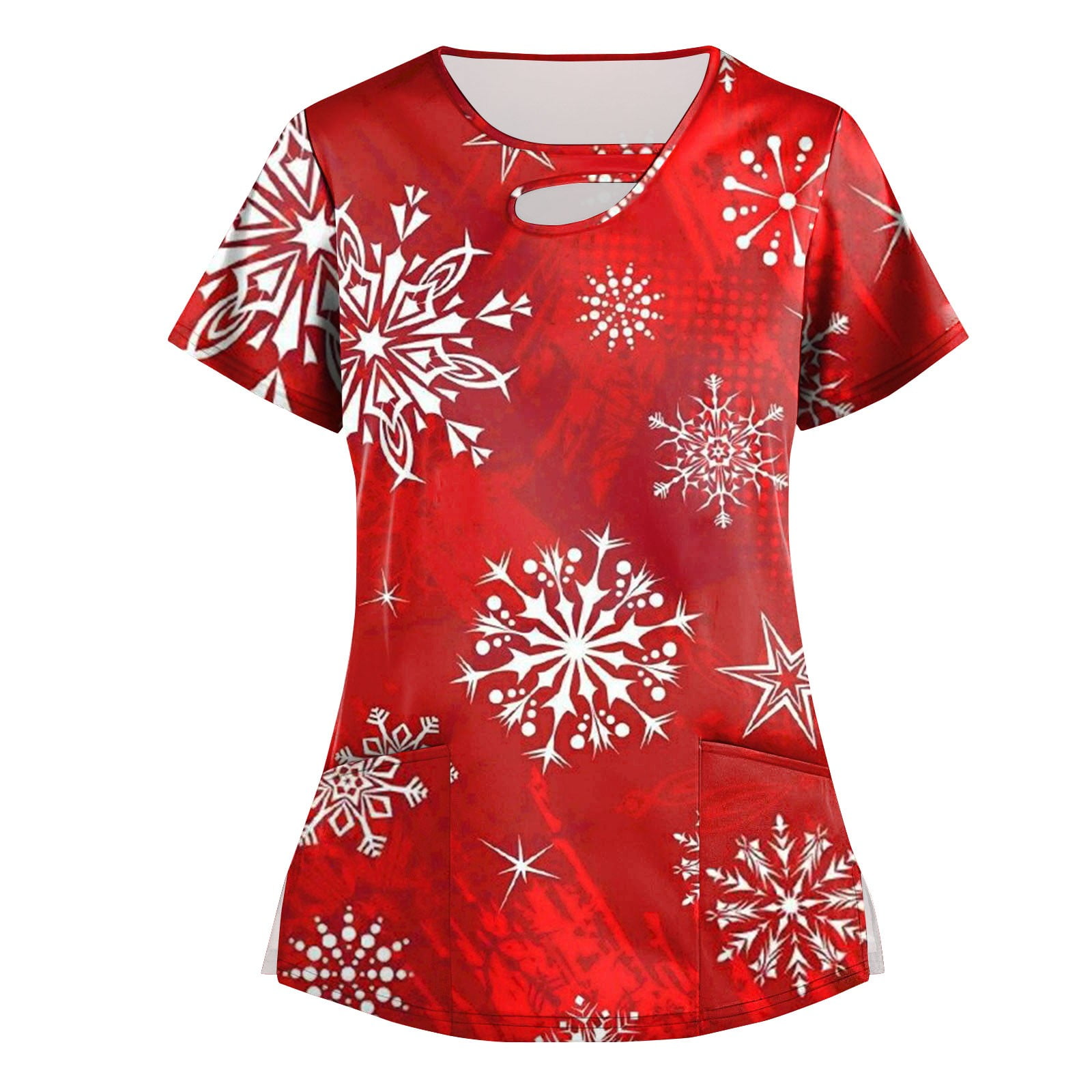 Qcmgmg Stretch Crew Neck Christmas Short Sleeve Scrub Shirts Medical