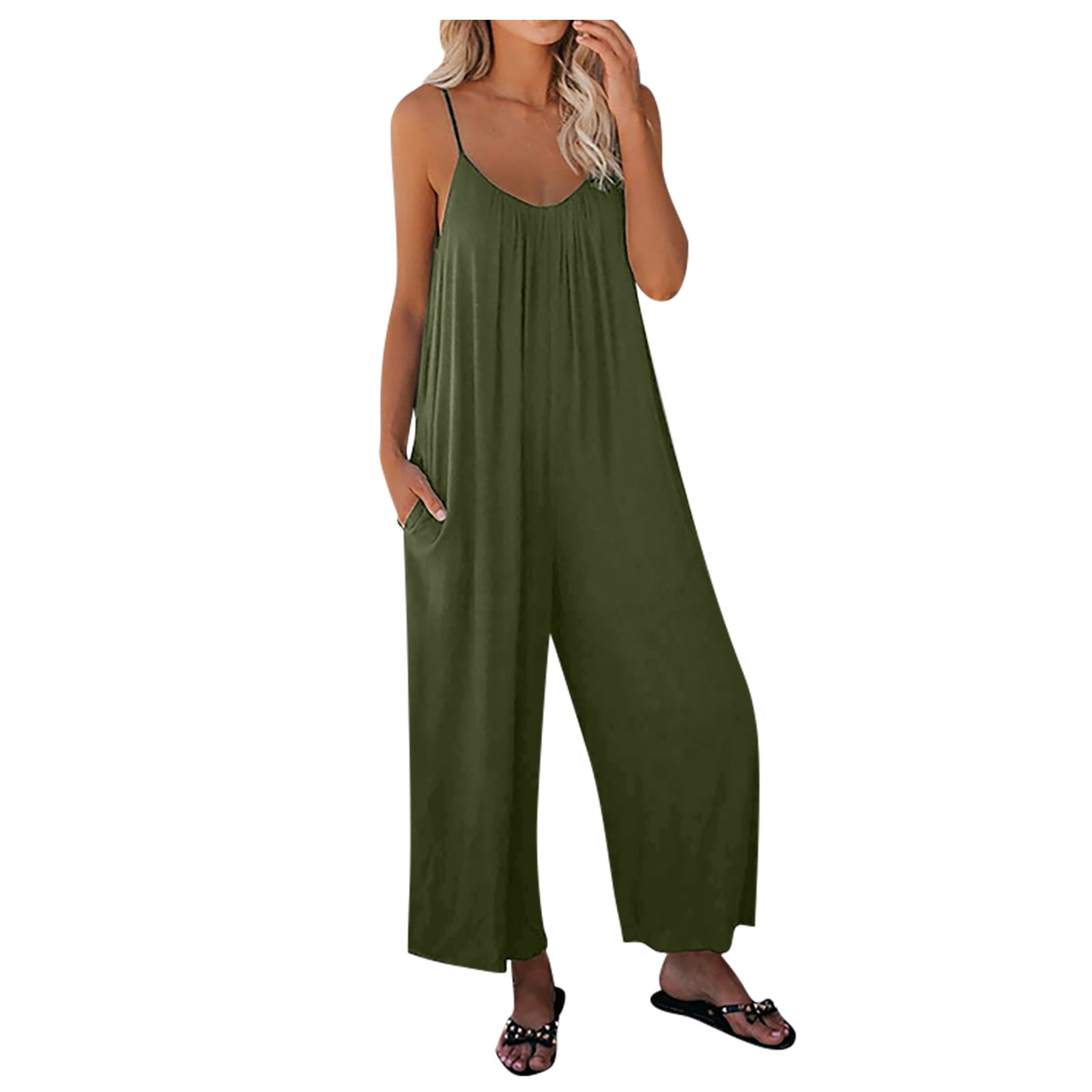 Qcmgmg Summer Romper Stretchy Sleeveless Adjustable Spaghetti Strap