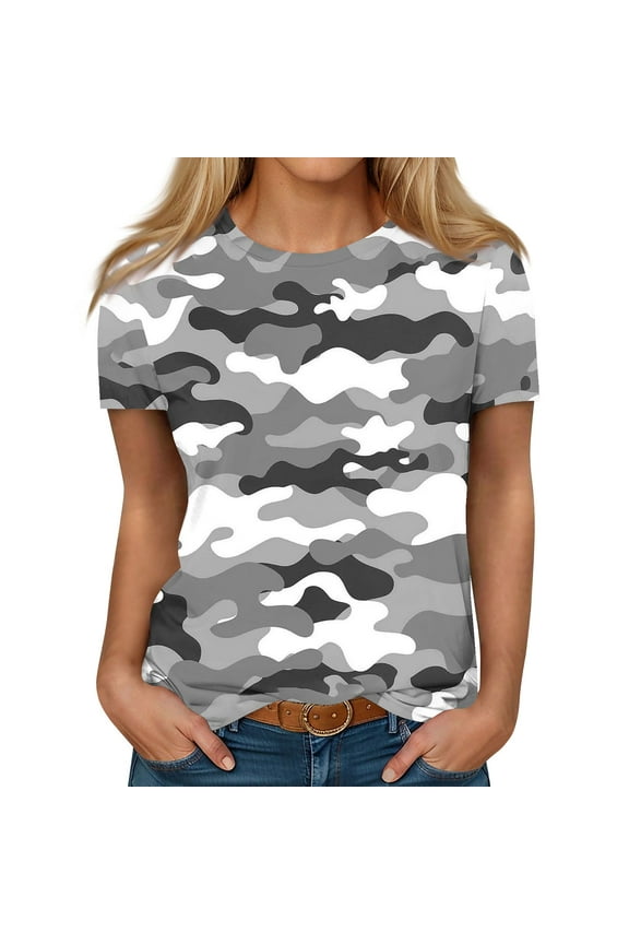 Qcmgmg Summer Tops for Women Crew Neck Camo Short Sleeve 2024 T Shirts Casual Shirts Tees Blouses Gray 2XL