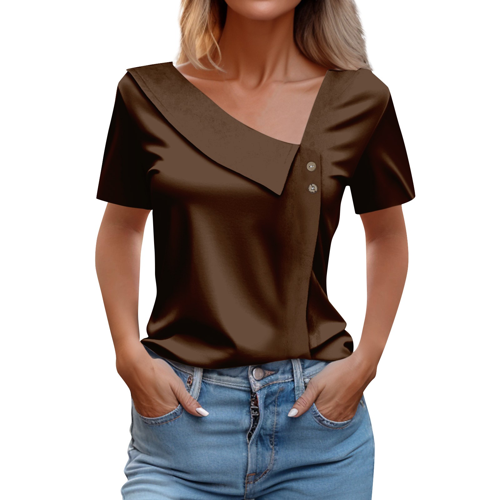 Women's Short Sleeve Tie Dye V-Neck Smock Top - Casual Loose Summer Blouse