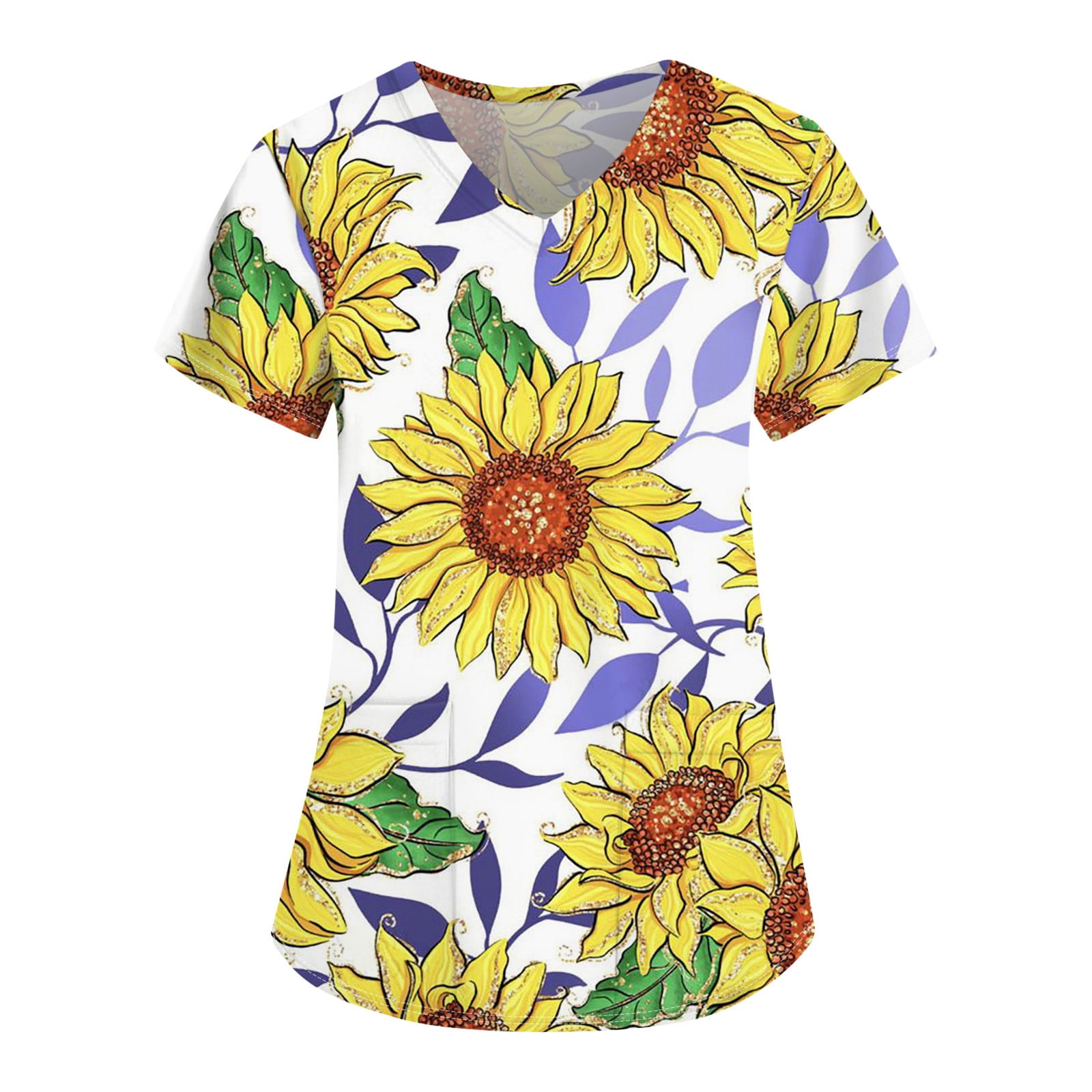 Qcmgmg Sunflower Scrub Tops for Women Loose Fit Nursing 2024 V Neck ...