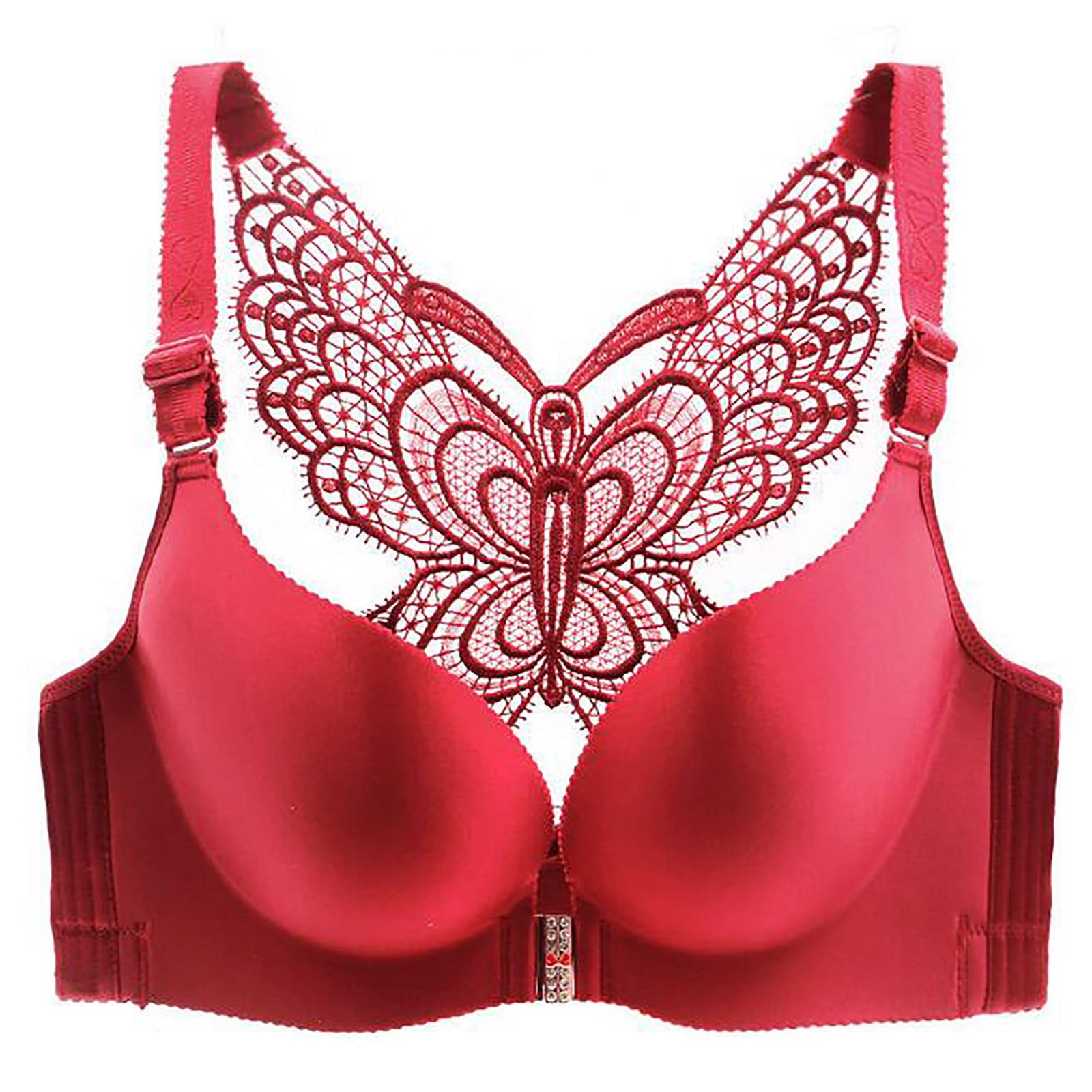 Qcmgmg T Shirt Bra Front Closure Wireless Bra Butterfly Back Workout Bra  Full Coverage Push Up Workout Bras Red 3885B