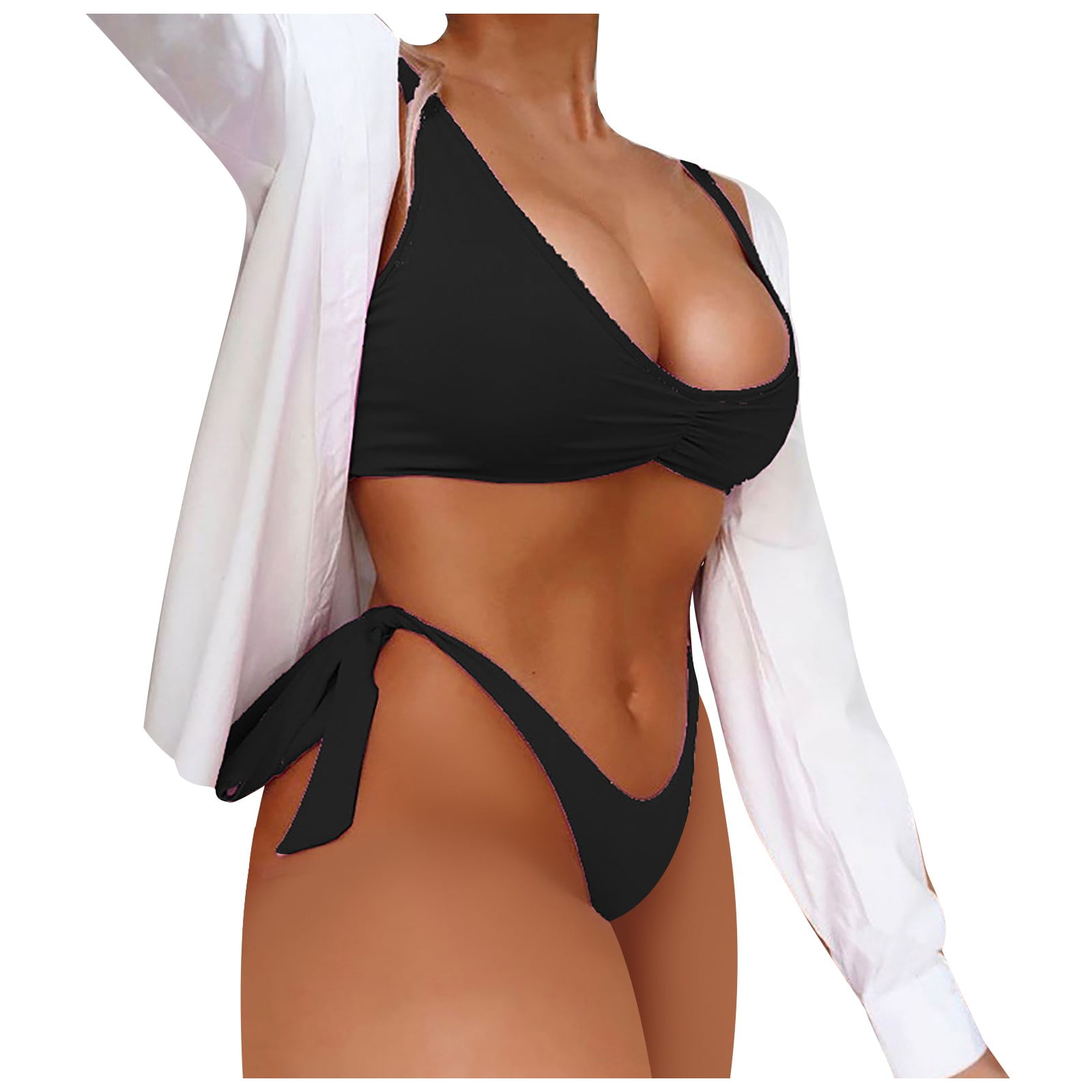 Qcmgmg T-back Sexy Bra and Panty Set for Women Halter Lingerie Set Cupless Solid Babydoll L